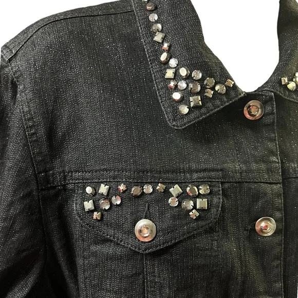 Ruby Rd Denim Jacket Black Embellished 3/4 Sleeve Glam Sparkle Rhinestone 14 - Picture 6 of 10